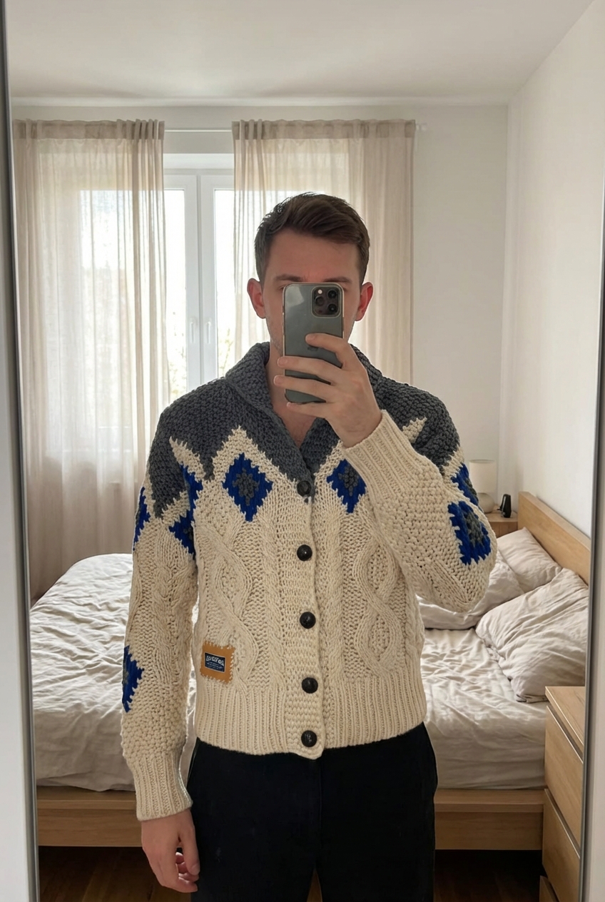 Pull Diesel Tricot Fait Main Aran Wool Sweater 50% Laine Blanc Crème S debout, face à la caméra, dans une chambre à la lumière douce, avec une lumière naturelle filtrant par la fenêtre.