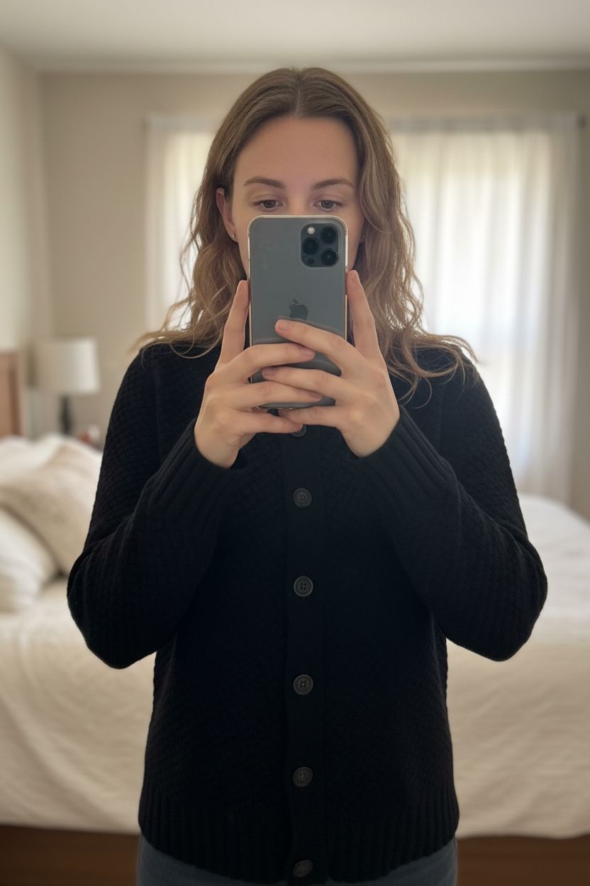 Jigsaw lambswool cape poncho knitted navy L 12-14 standing straight facing the camera, in a softly lit bedroom setting, with gentle natural light filtering through a window.