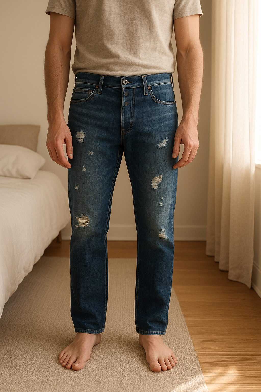 Jeans - Denim - Jack & Jones debout, face à la caméra, dans une chambre à la lumière douce, avec une lumière naturelle filtrant par la fenêtre.