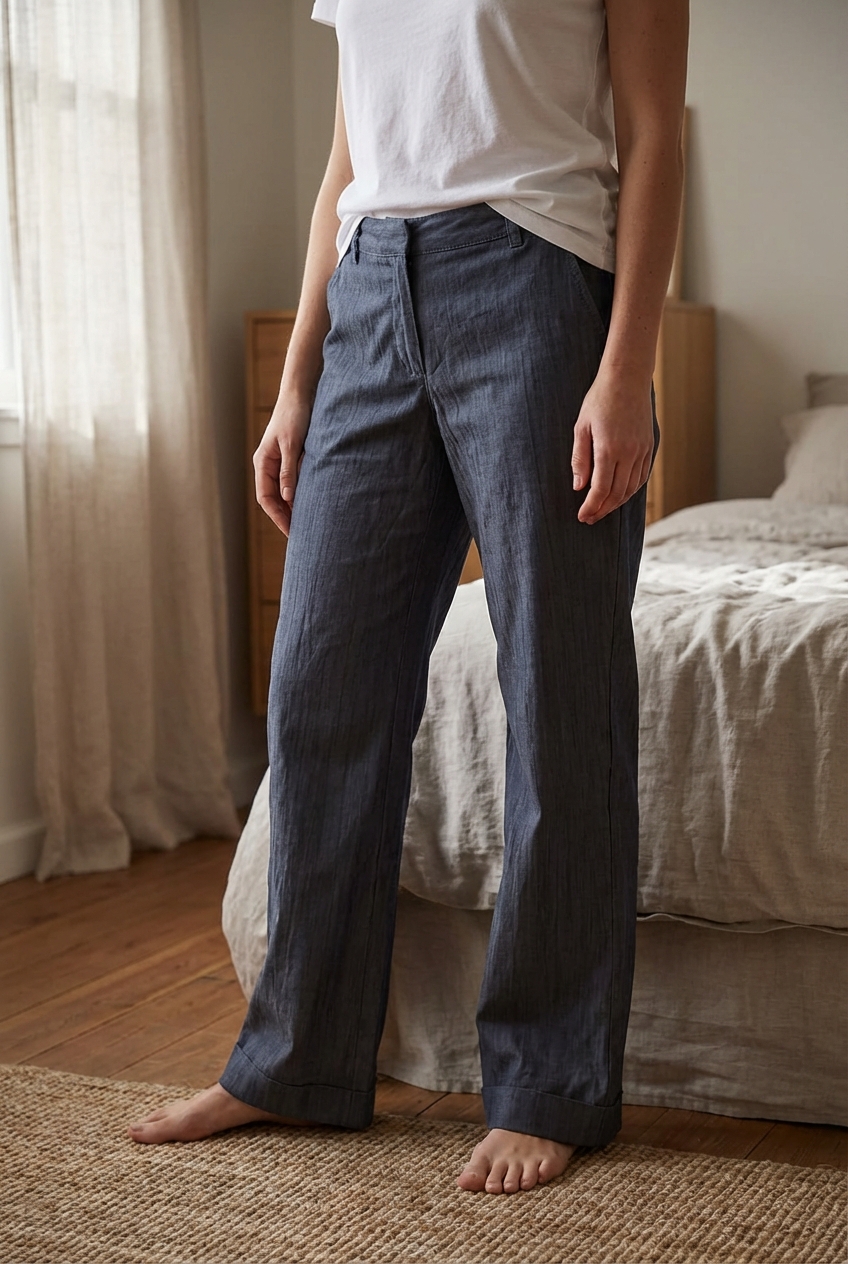 Mango Tailored Wide Leg Trousers Dark Blue Size UK 8 (EU 36) New with Tags standing straight facing the camera, in a softly lit bedroom setting, with gentle natural light filtering through a window.