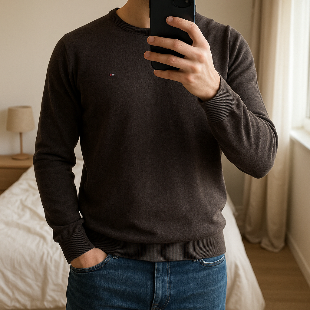 Pull Tommy Hilfiger homme M – laine mérinos 100% debout, face à la caméra, dans une chambre à la lumière douce, avec une lumière naturelle filtrant par la fenêtre.