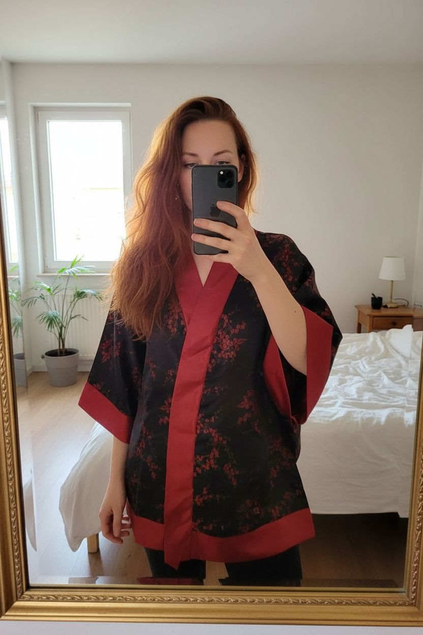 Kimono noir et bordeaux debout, face à la caméra, dans une chambre à la lumière douce, avec une lumière naturelle filtrant par la fenêtre.