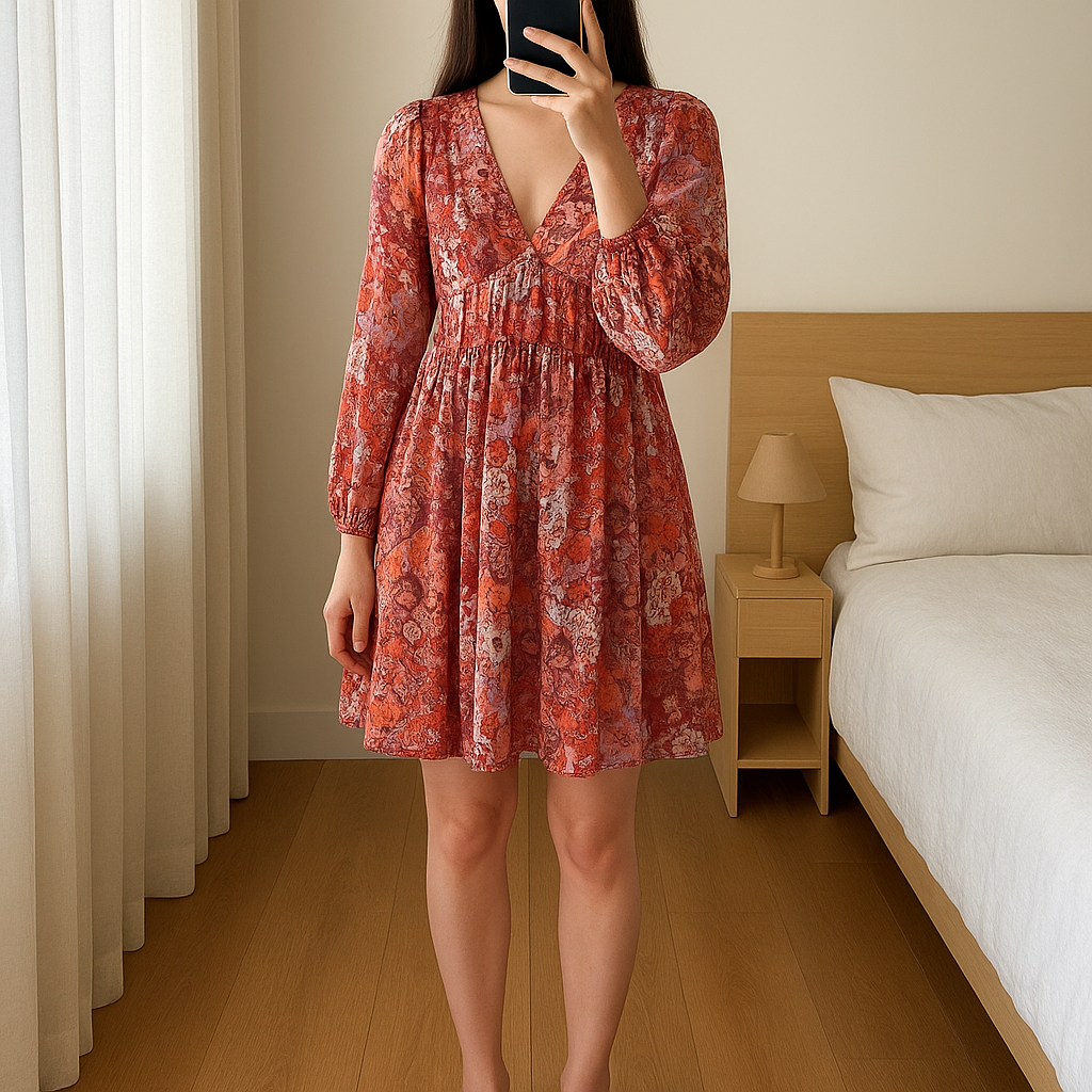 Vestito in piedi, rivolto verso la fotocamera, in una camera da letto con luce soffusa e luce naturale che filtra dalla finestra.