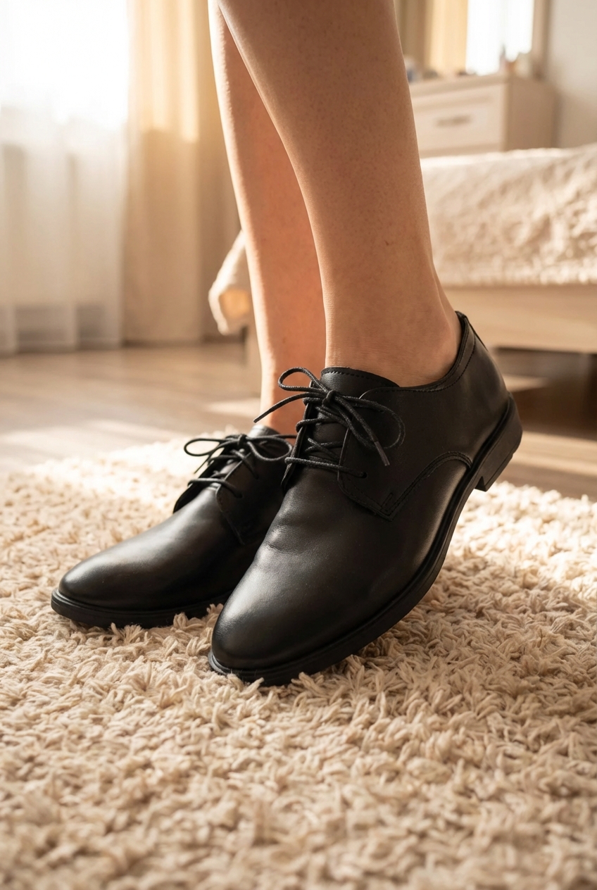 Derbies noires femme – Neuves debout, face à la caméra, dans une chambre à la lumière douce, avec une lumière naturelle filtrant par la fenêtre.