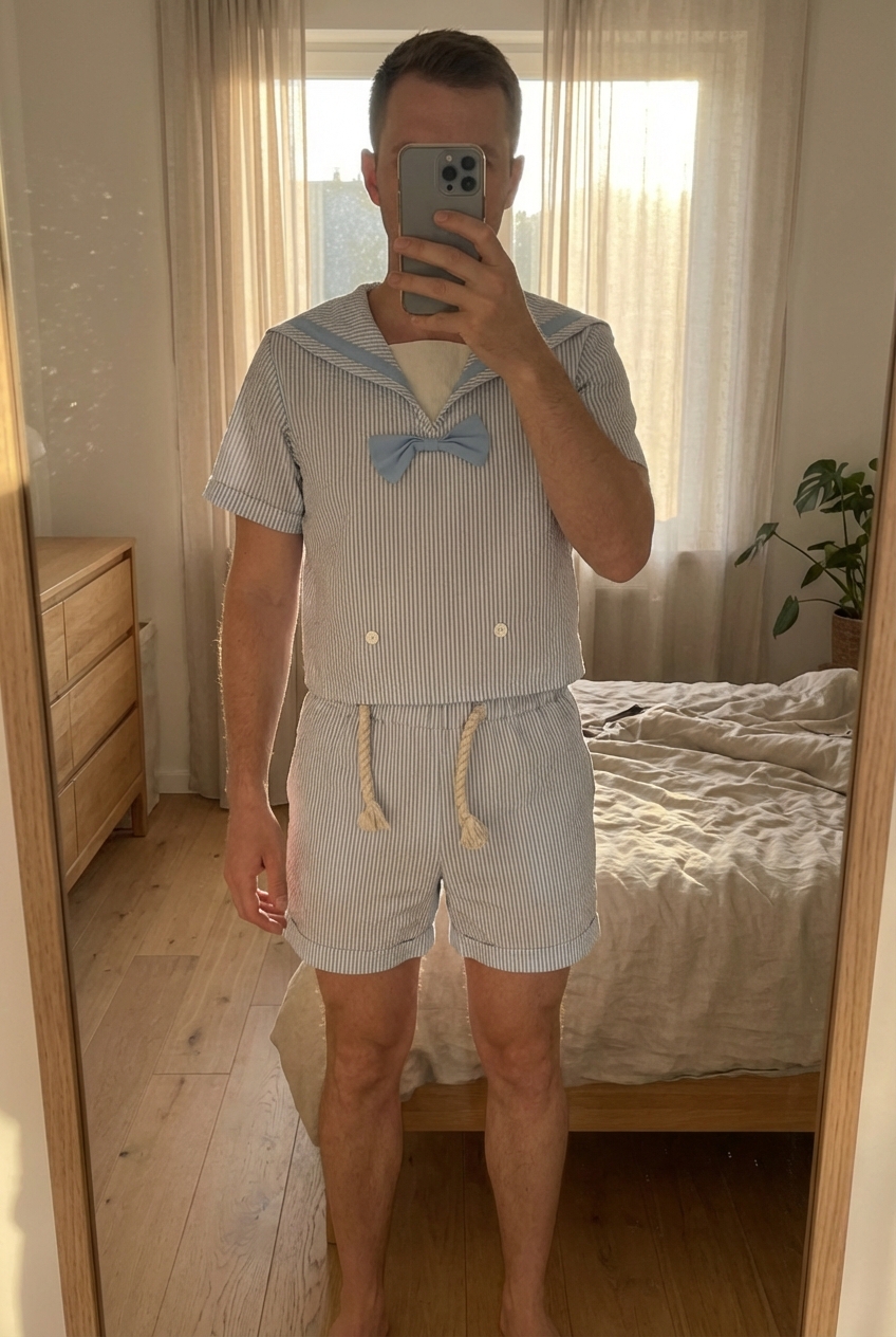 Ensemble garçon – chemise + short, 100% coton, style marine🤍 debout, face à la caméra, dans une chambre à la lumière douce, avec une lumière naturelle filtrant par la fenêtre.