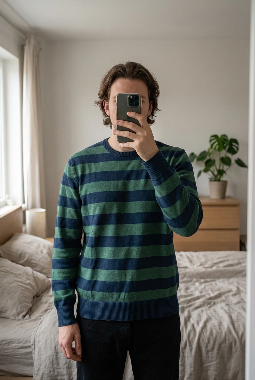 Pull Col Rond Vintage Y2K 100% Coton Izod Vert M debout, face à la caméra, dans une chambre à la lumière douce, avec une lumière naturelle filtrant par la fenêtre.