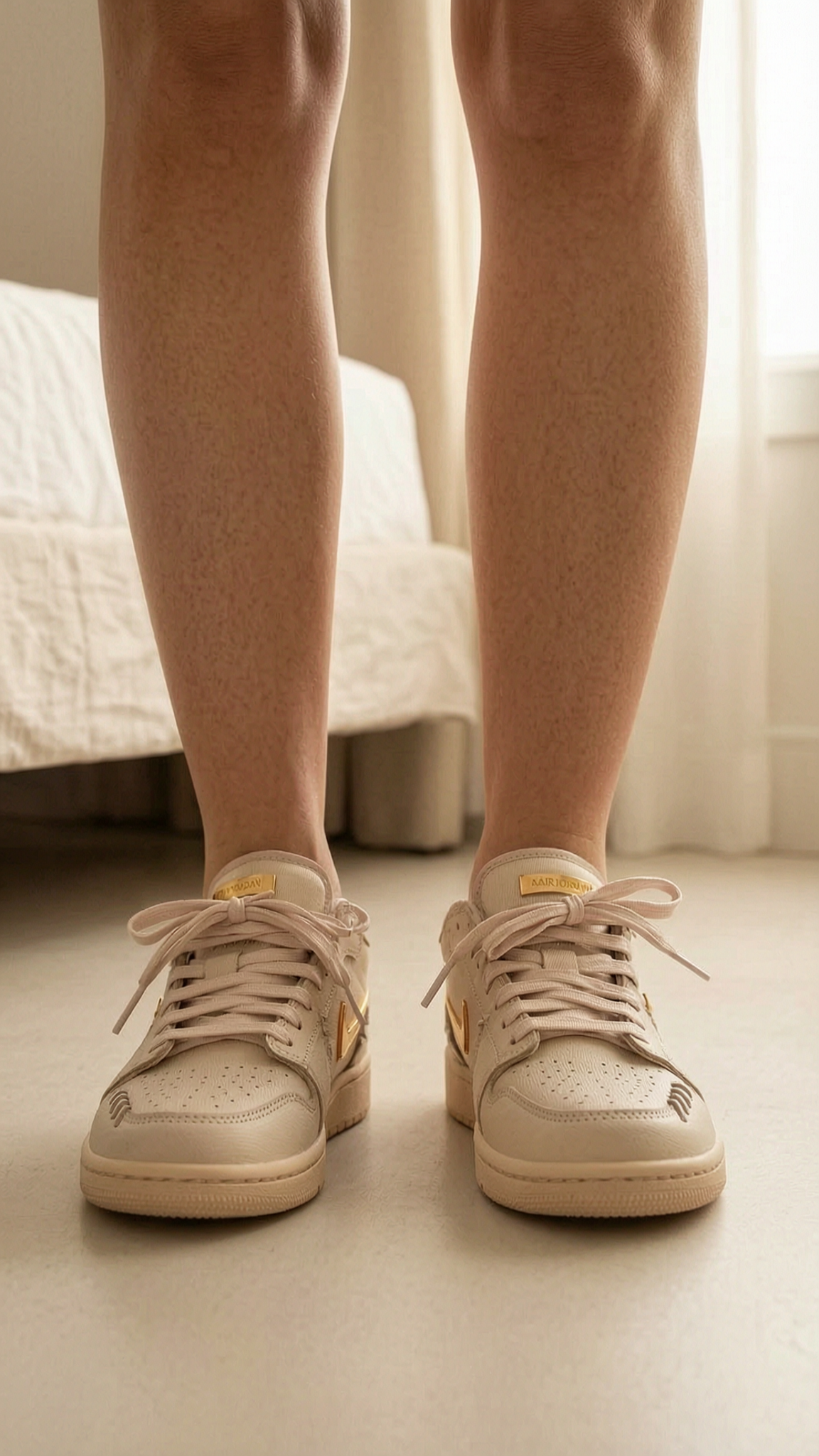Nike Air Jordan 1 Low debout, face à la caméra, dans une chambre à la lumière douce, avec une lumière naturelle filtrant par la fenêtre.