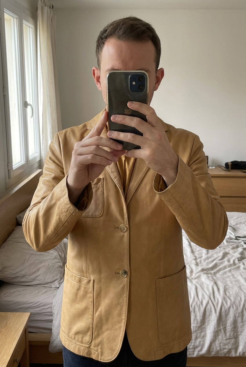 Veste Nicole Farhi debout, face à la caméra, dans une chambre à la lumière douce, avec une lumière naturelle filtrant par la fenêtre.