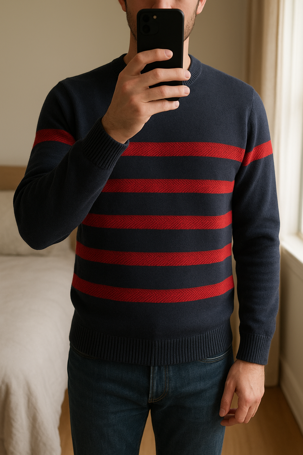 Pull Nautica M bandes rouges debout, face à la caméra, dans une chambre à la lumière douce, avec une lumière naturelle filtrant par la fenêtre.