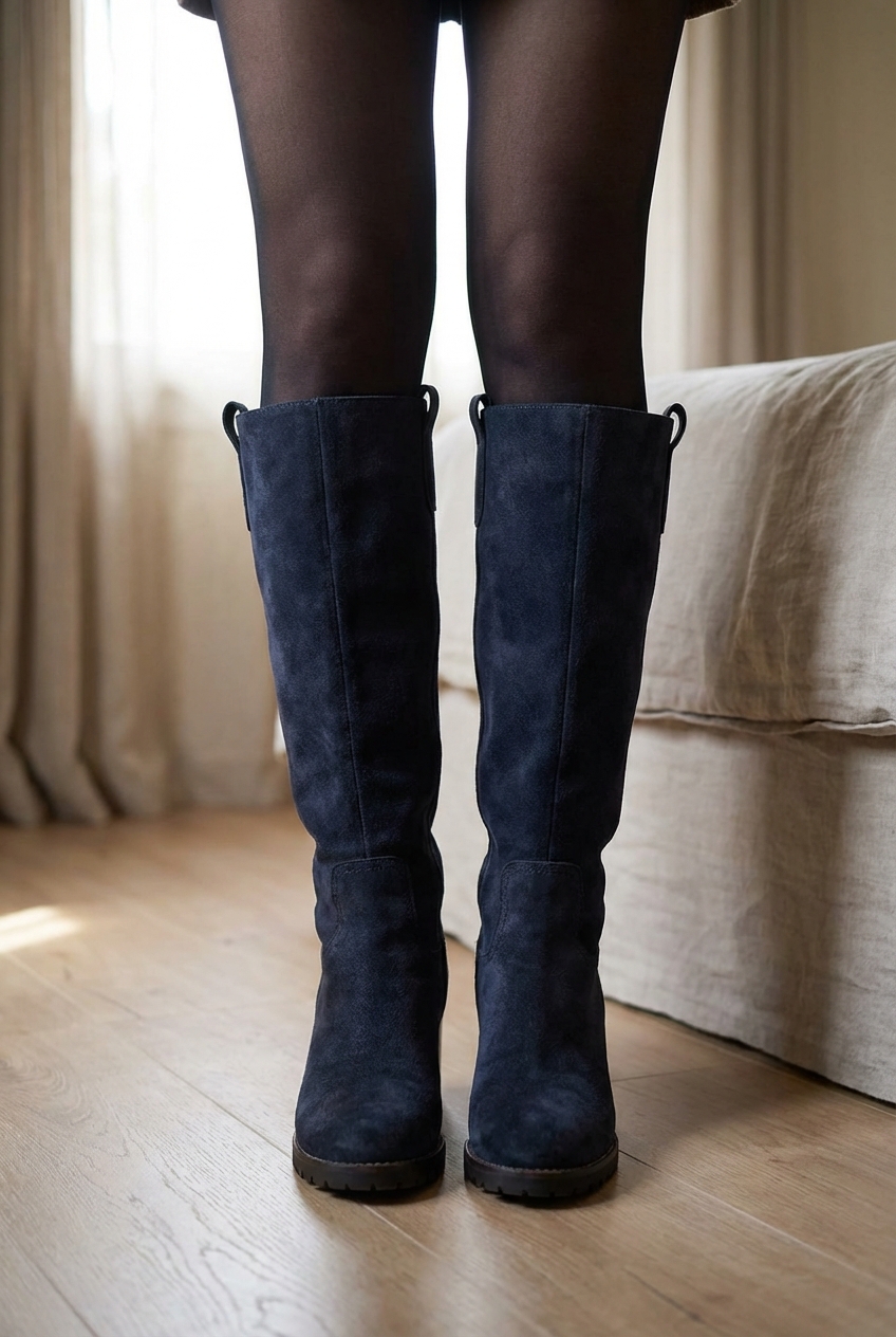 Inga suede boots debout, face à la caméra, dans une chambre à la lumière douce, avec une lumière naturelle filtrant par la fenêtre.