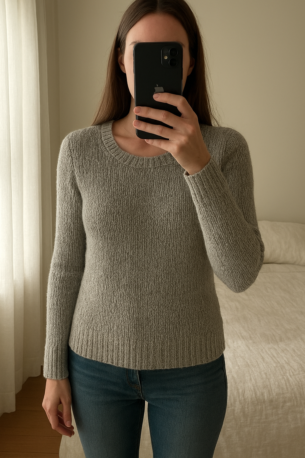 Tommy Hilfiger jumper de pie, mirando a la cámara, en un dormitorio con luz suave y natural filtrándose por la ventana.