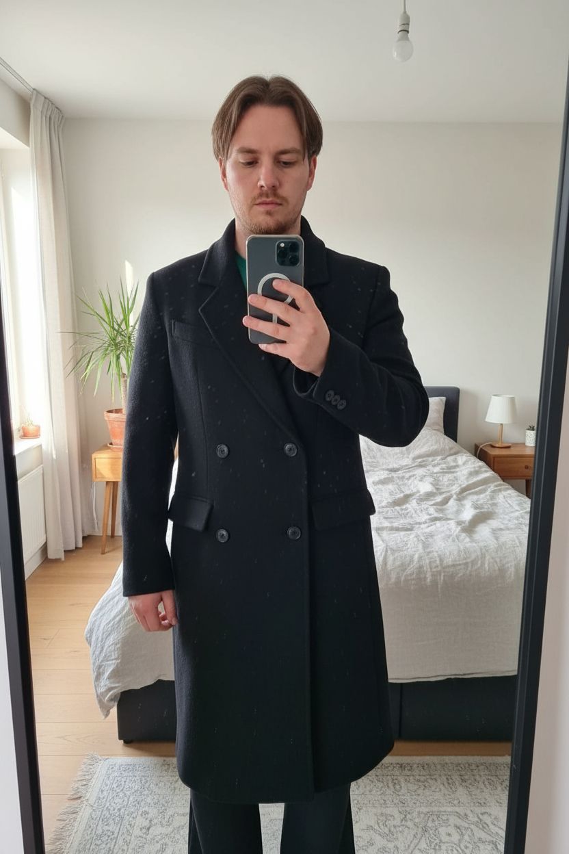Manteau homme IKKS debout, face à la caméra, dans une chambre à la lumière douce, avec une lumière naturelle filtrant par la fenêtre.