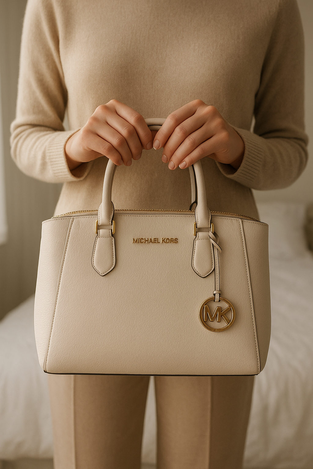 Sac cuir Michael Kors debout, face à la caméra, dans une chambre à la lumière douce, avec une lumière naturelle filtrant par la fenêtre.
