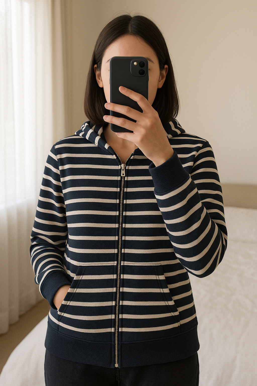 Sweat Capuche Marin capitain Corsair debout, face à la caméra, dans une chambre à la lumière douce, avec une lumière naturelle filtrant par la fenêtre.