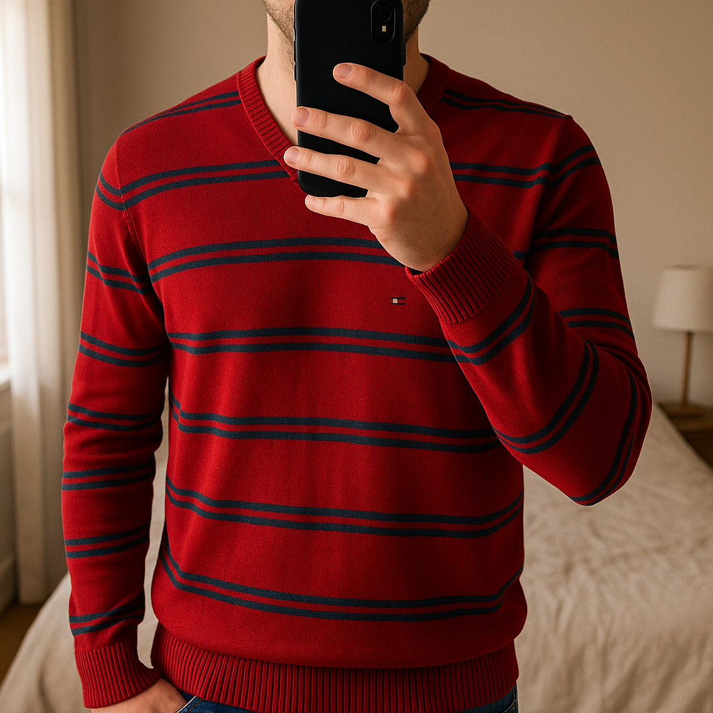 Pull Tommy Hilfiger homme M – rouge debout, face à la caméra, dans une chambre à la lumière douce, avec une lumière naturelle filtrant par la fenêtre.