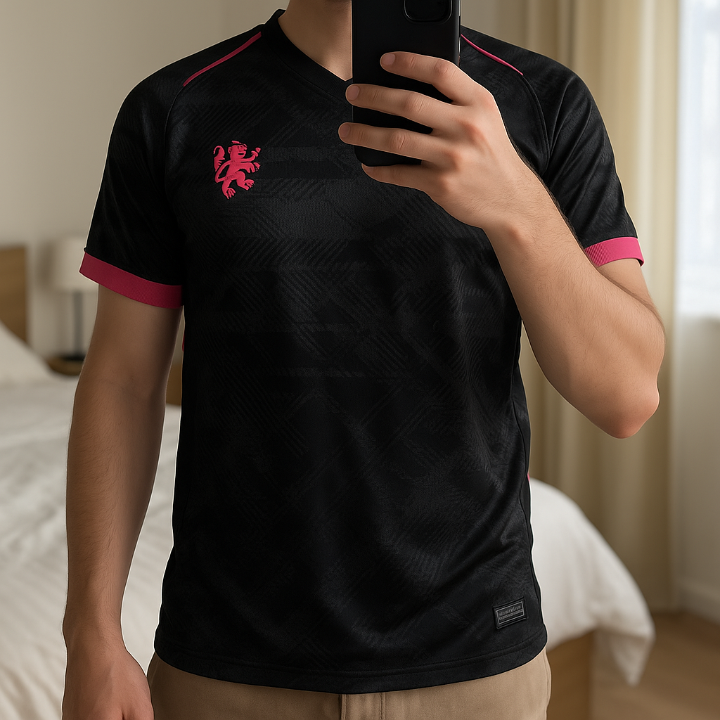 Maillot Chelsea third noir/rose Nike – Taille M – Neuf avec étiquette debout, face à la caméra, dans une chambre à la lumière douce, avec une lumière naturelle filtrant par la fenêtre.