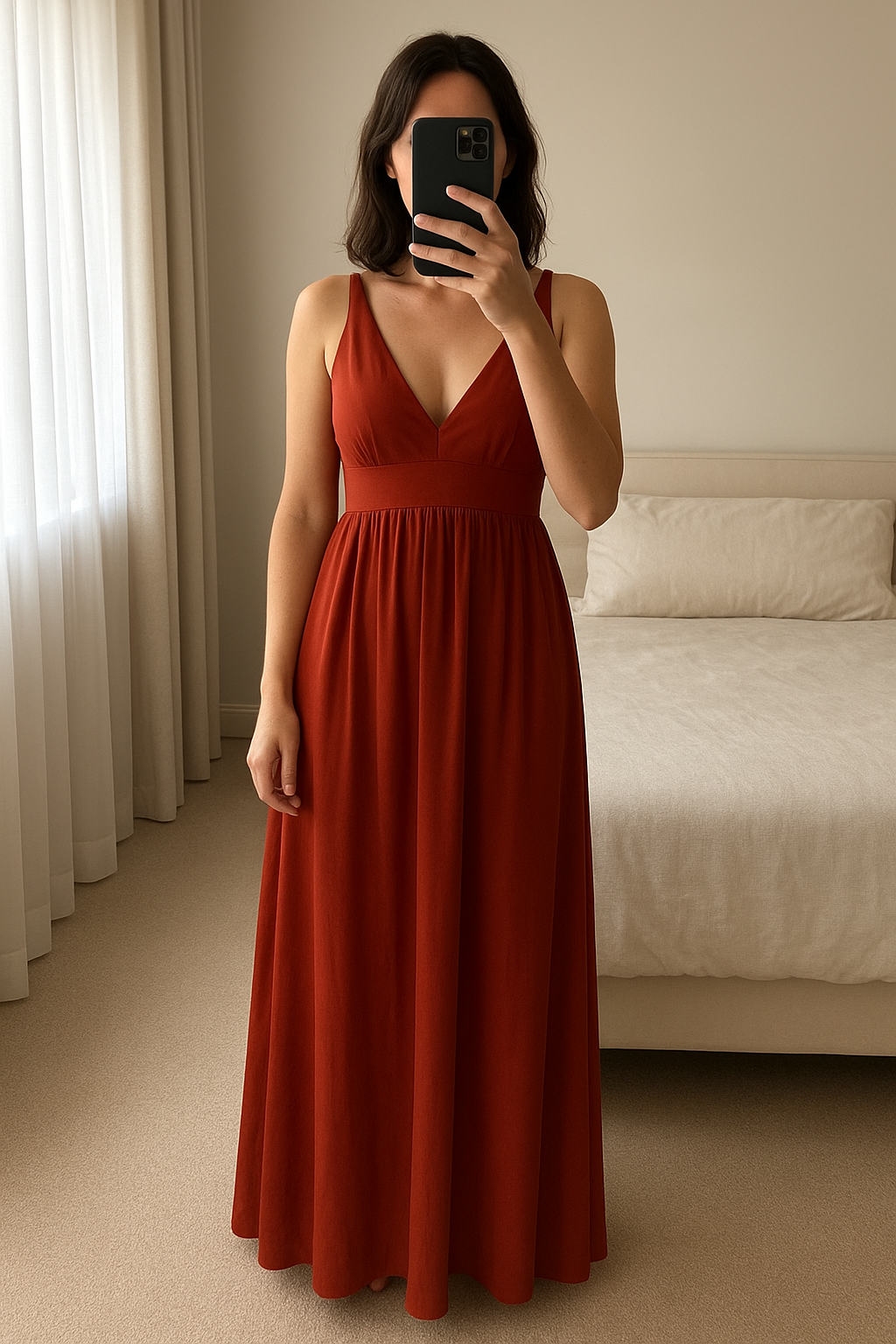 Burnt Orange Bridesmaid Dress standing straight facing the camera, in a softly lit bedroom setting, with gentle natural light filtering through a window.