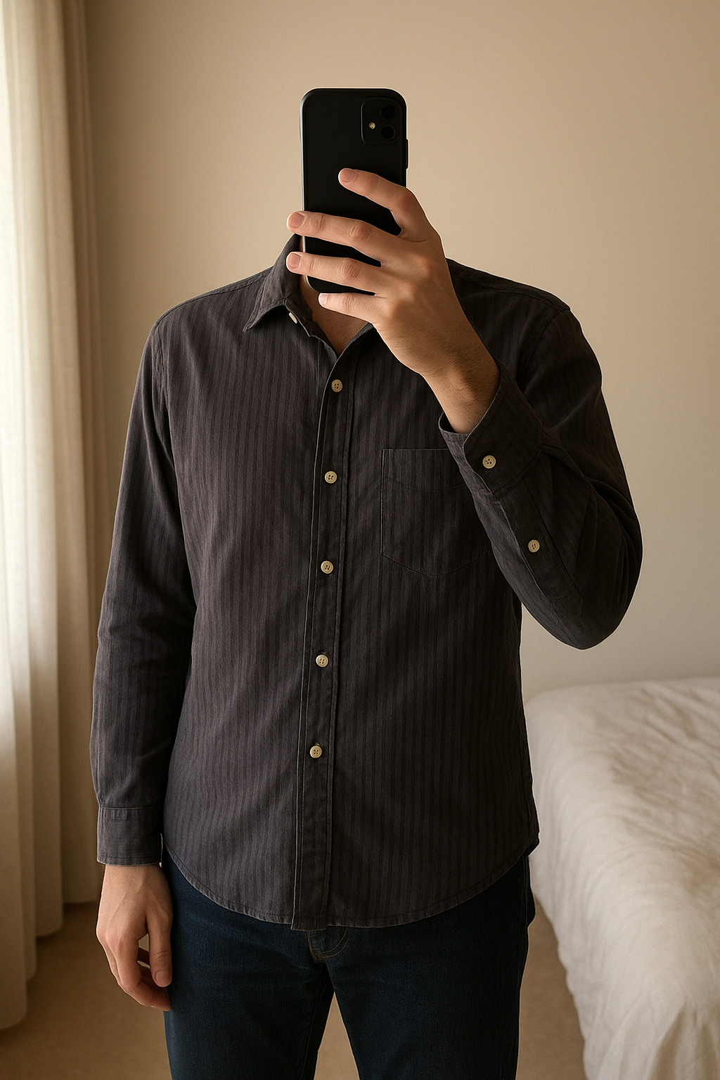 Chemise noire Armani homme M - Camicia Armani uomo in piedi, rivolto verso la fotocamera, in una camera da letto con luce soffusa e luce naturale che filtra dalla finestra.