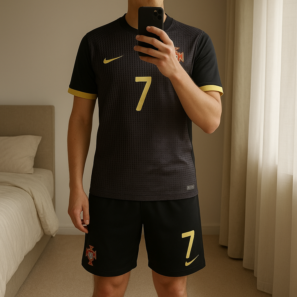 Portugal – Cristiano Ronaldo #7 | size XL (new) standing straight facing the camera, in a softly lit bedroom setting, with gentle natural light filtering through a window.
