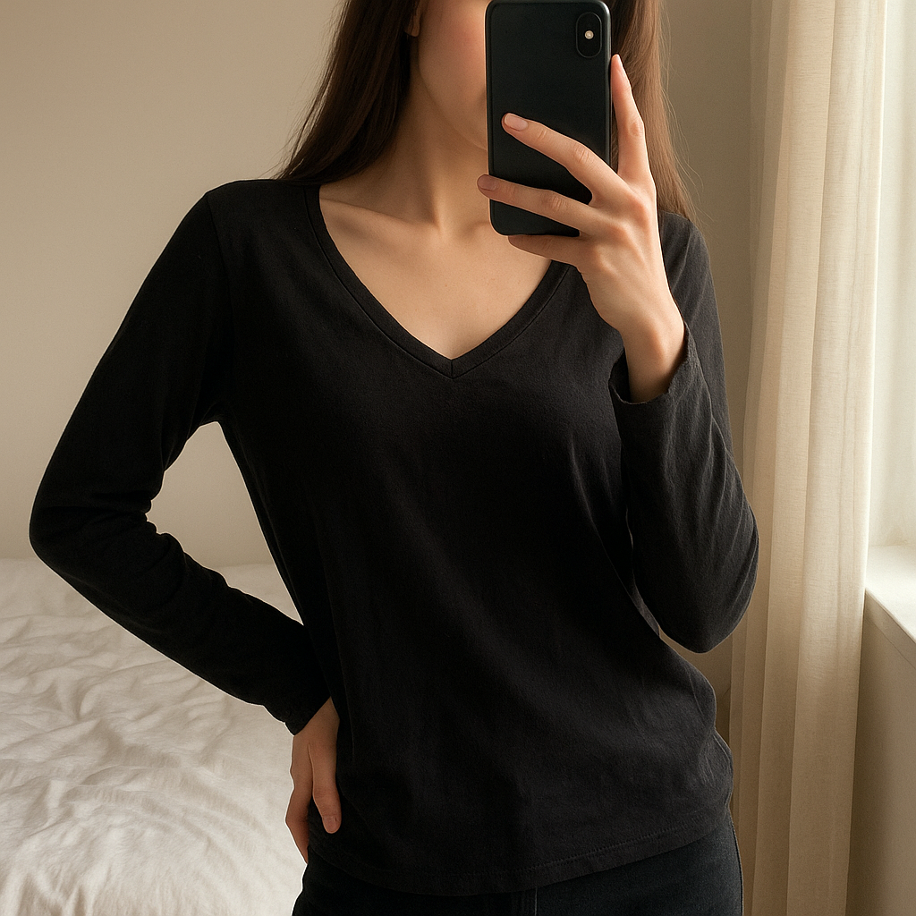 Una persona in Top manches longues GAP M - Maglietta Donna inarcando leggermente la schiena per una posa dinamica, in una camera da letto con luce soffusa e luce naturale che filtra dalla finestra.