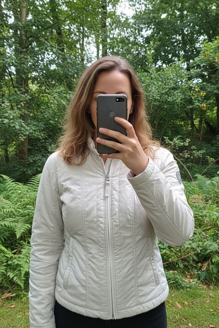 Una persona in North Sails piumino leggero donna S perfetto primavera in piedi, rivolto verso la fotocamera, all'aperto, in un ambiente naturale circondato dal verde e da luce soffusa.