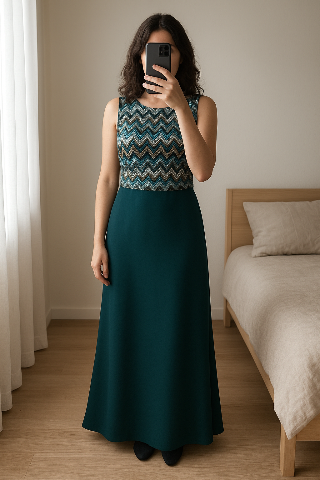 Robe de soirée debout, face à la caméra, dans une chambre à la lumière douce, avec une lumière naturelle filtrant par la fenêtre.