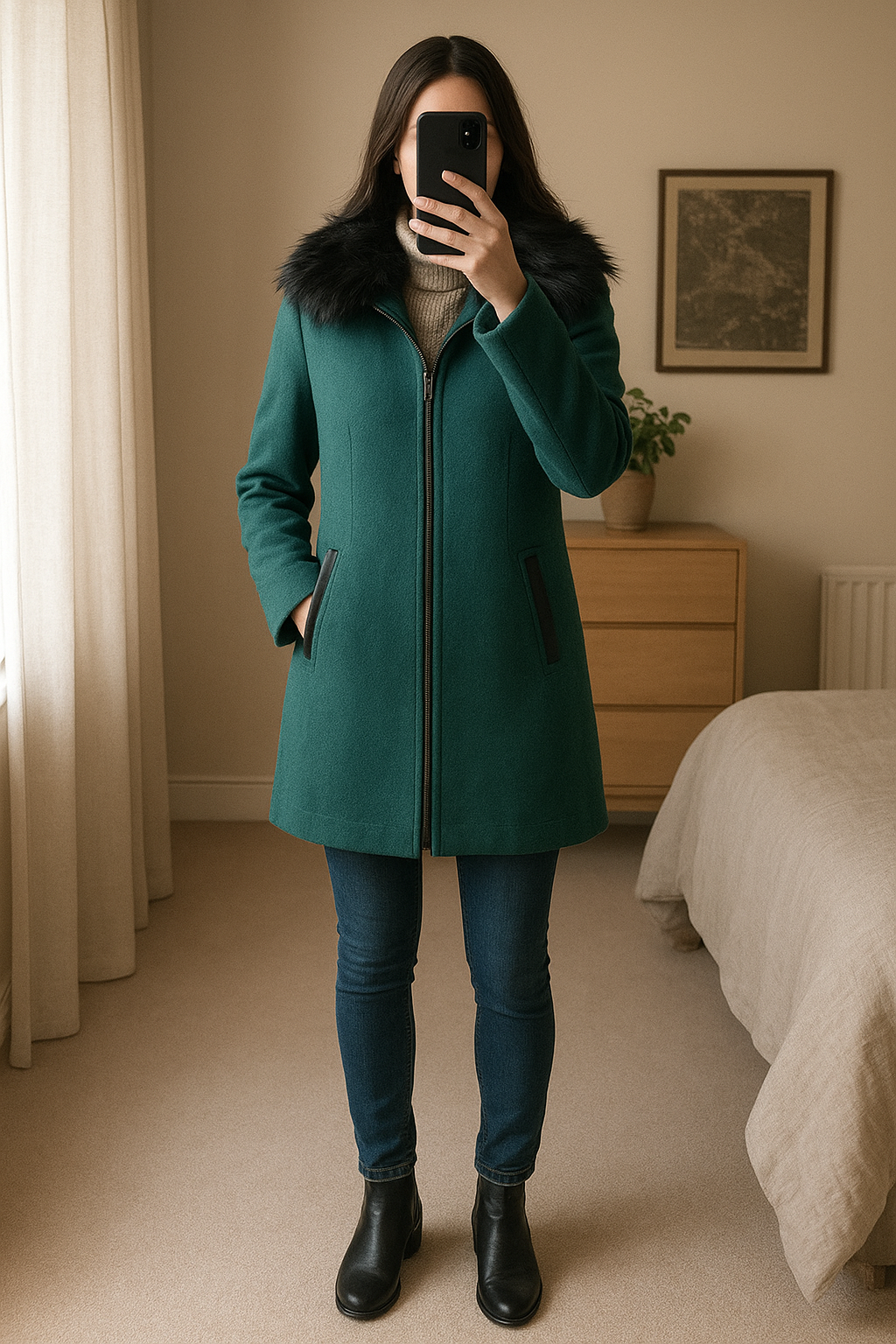 Manteau 36 naf naf debout, face à la caméra, dans une chambre à la lumière douce, avec une lumière naturelle filtrant par la fenêtre.