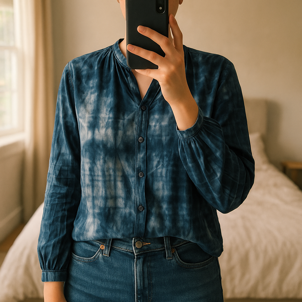Chemise Johanna Paris debout, face à la caméra, dans une chambre à la lumière douce, avec une lumière naturelle filtrant par la fenêtre.