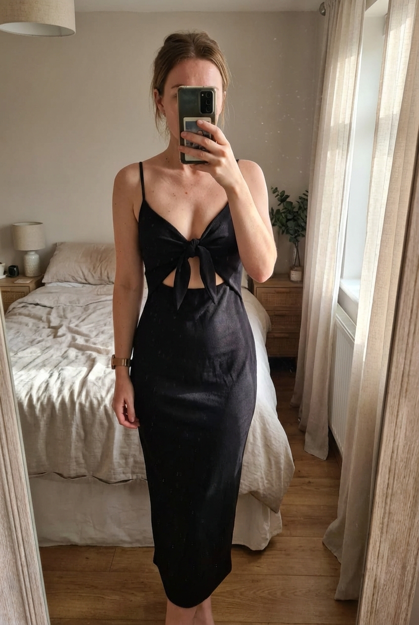 In the style cut out midi black dresd standing straight facing the camera, in a softly lit bedroom setting, with gentle natural light filtering through a window.