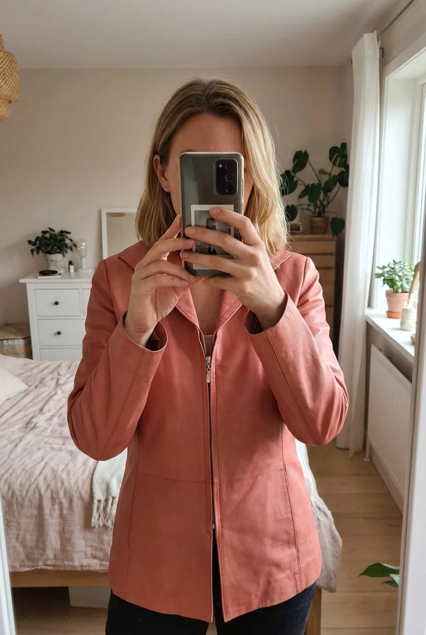 Leather blazer Torras debout, face à la caméra, dans une chambre à la lumière douce, avec une lumière naturelle filtrant par la fenêtre.