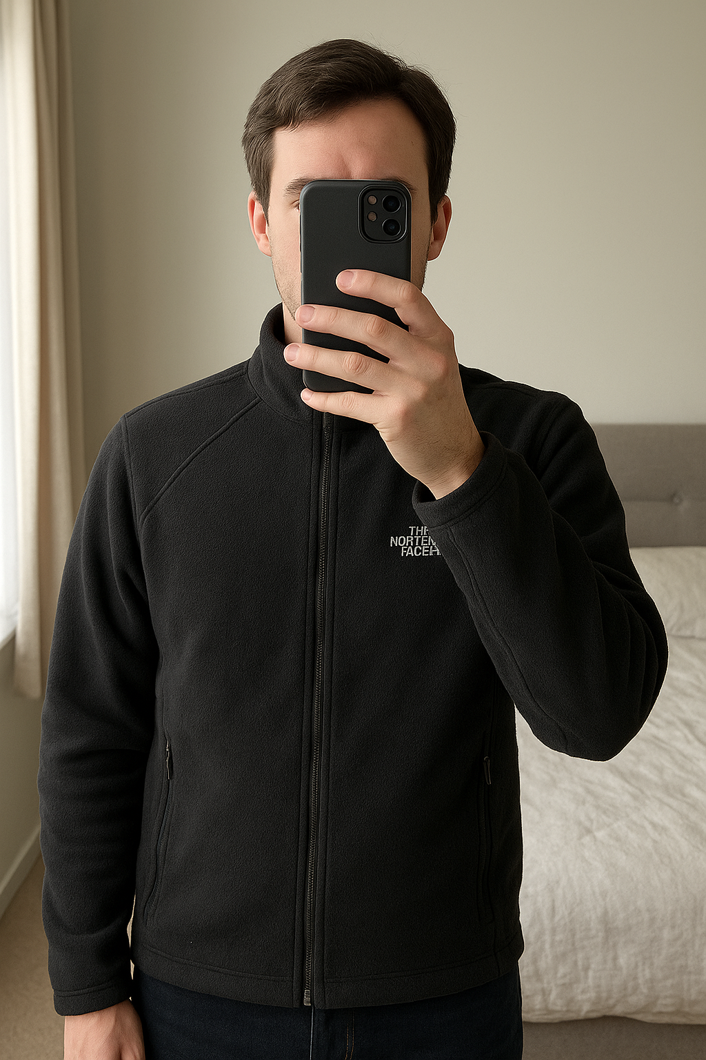 The North Face Polaire Glacier homme Full Zip - Taille XL - Noir debout, face à la caméra, dans une chambre à la lumière douce, avec une lumière naturelle filtrant par la fenêtre.