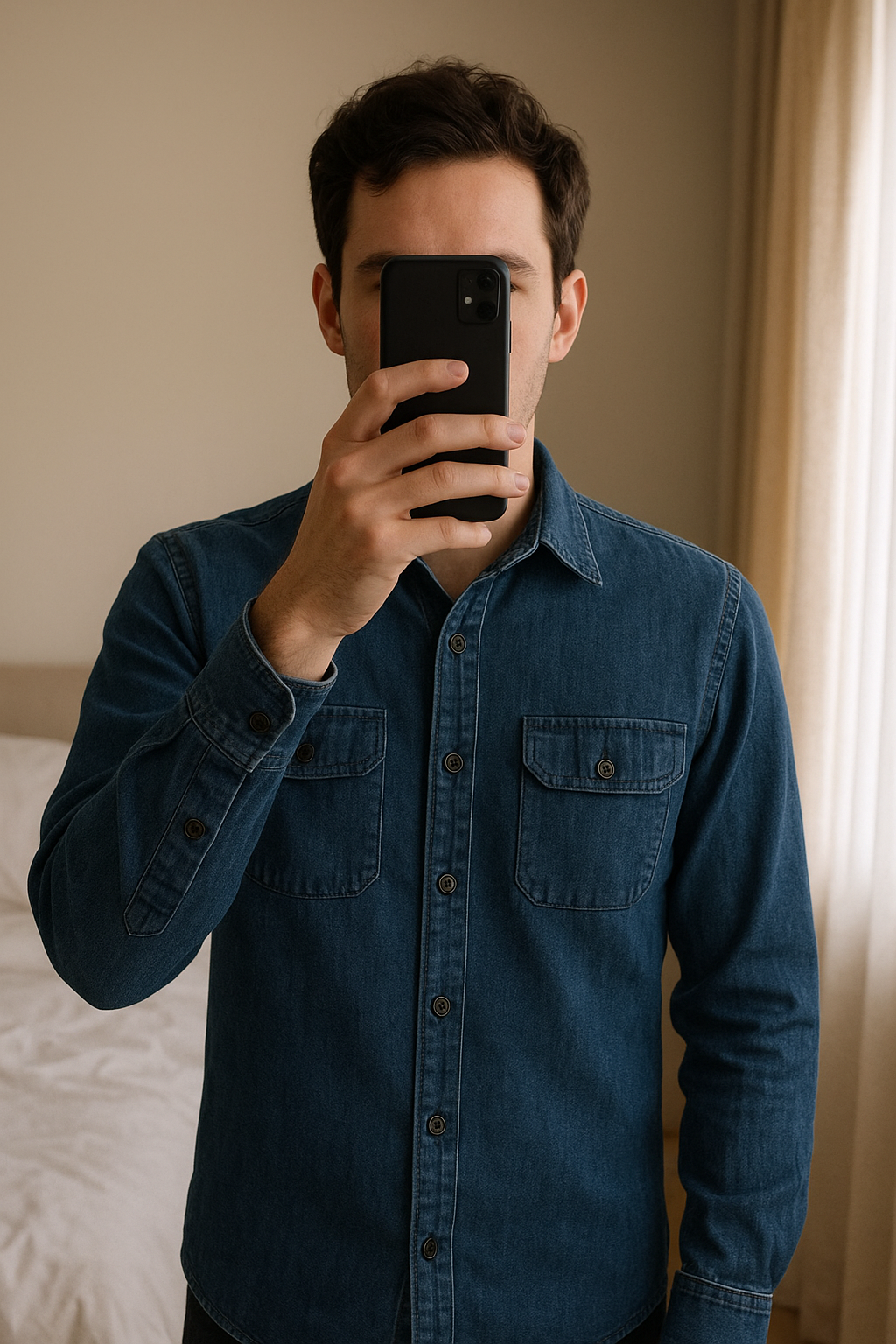 Chemise Jean Wrangler debout, face à la caméra, dans une chambre à la lumière douce, avec une lumière naturelle filtrant par la fenêtre.