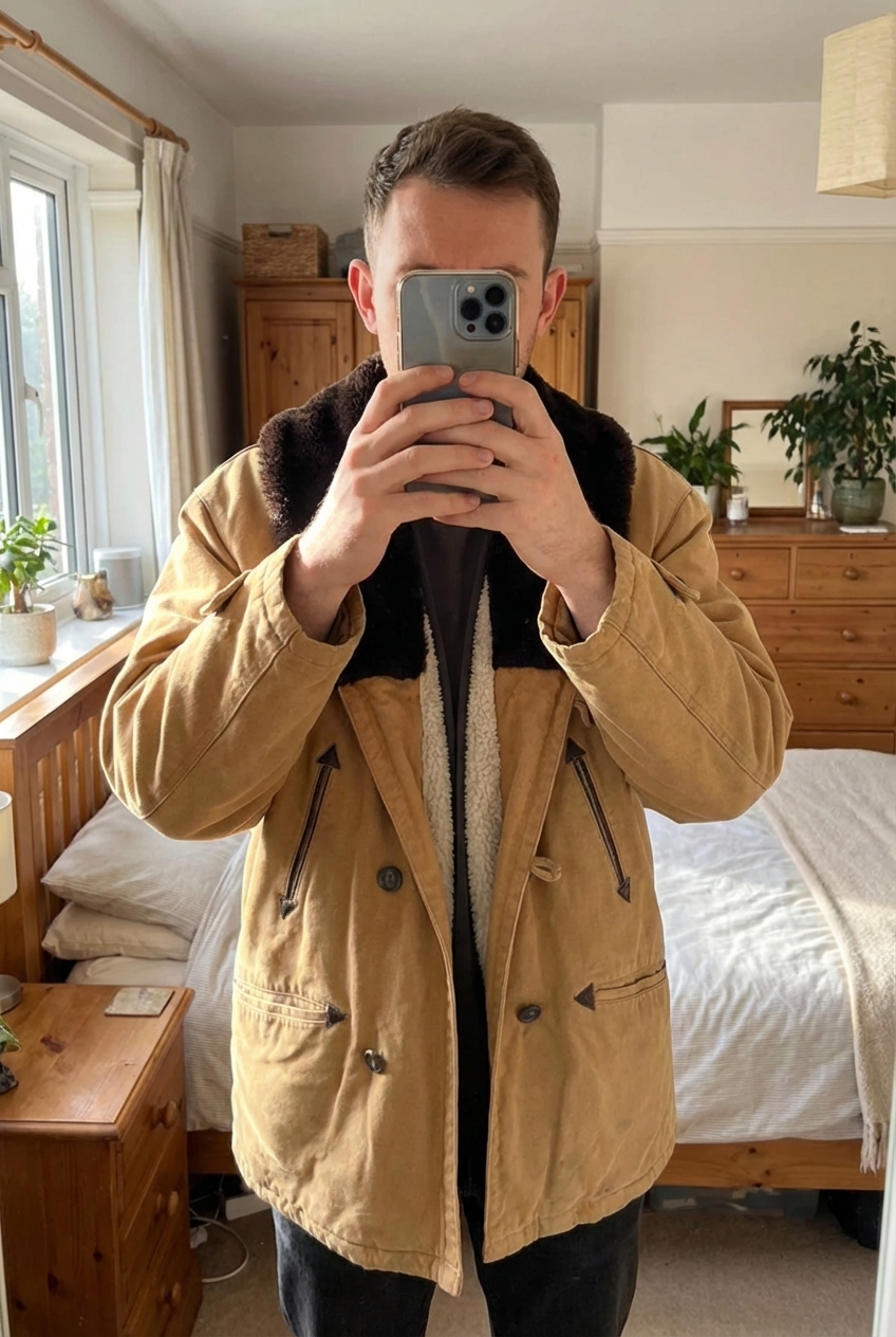 Parka The Royalty Donovan Moutarde Homme L de pie, mirando a la cámara, en un dormitorio con luz suave y natural filtrándose por la ventana.