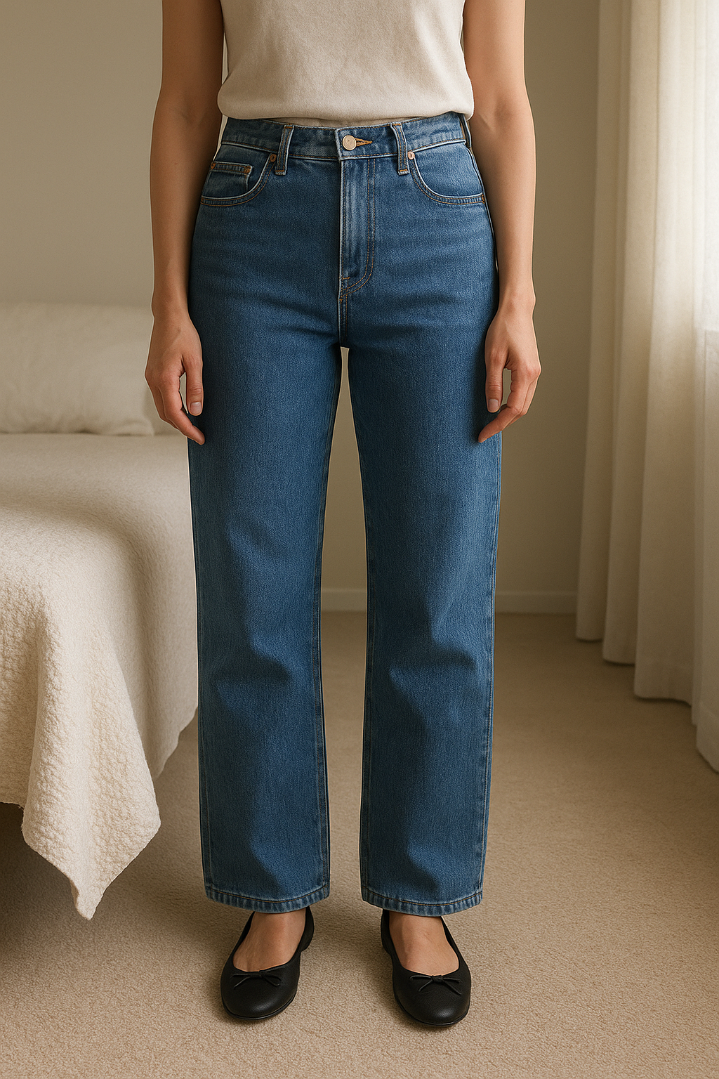 Zara jeans standing straight facing the camera, in a softly lit bedroom setting, with gentle natural light filtering through a window.
