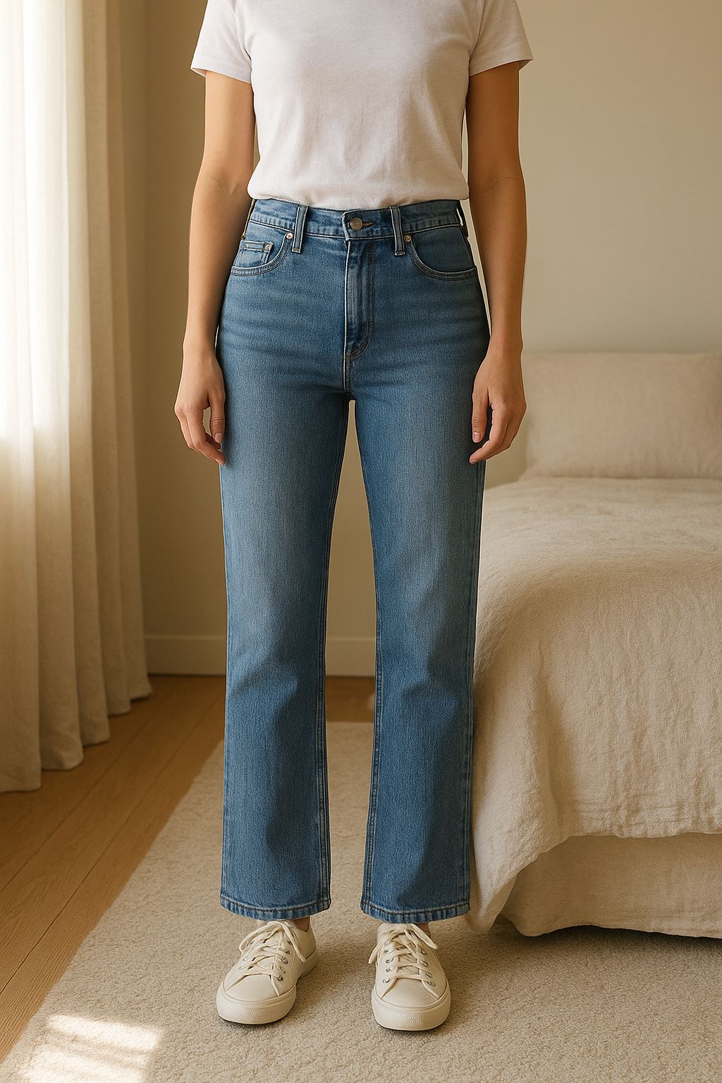 Jean Flair Zara debout, face à la caméra, dans une chambre à la lumière douce, avec une lumière naturelle filtrant par la fenêtre.