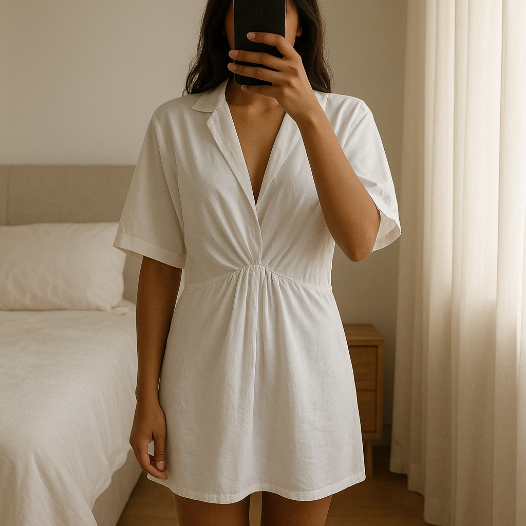 Une personne en Robe Zara T38 satin debout, face à la caméra, dans une chambre à la lumière douce, avec une lumière naturelle filtrant par la fenêtre.