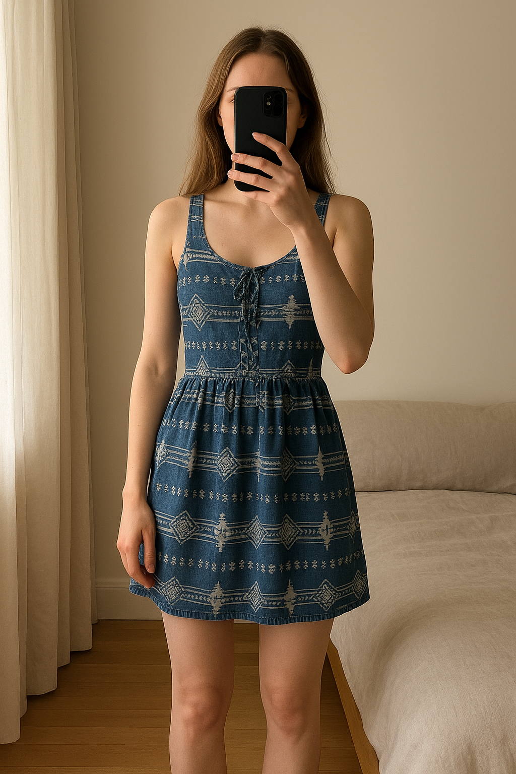Topshop Aztec Patterned Dress Women’s Size 6 | Festival / Casual Dress standing straight facing the camera, in a softly lit bedroom setting, with gentle natural light filtering through a window.