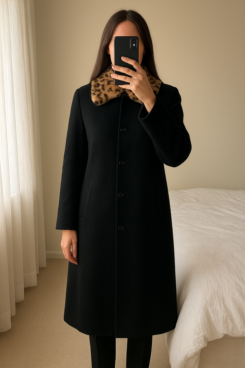 Manteau Long Femme Col de Fouine Hiver prix négociable 👍 debout, face à la caméra, dans une chambre à la lumière douce, avec une lumière naturelle filtrant par la fenêtre.