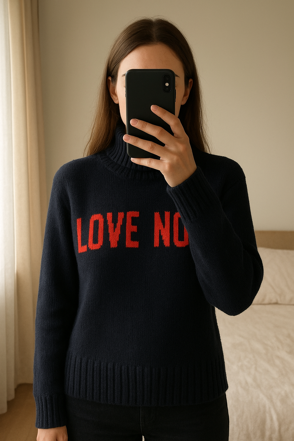 Pull Zadig et Voltaire debout, face à la caméra, dans une chambre à la lumière douce, avec une lumière naturelle filtrant par la fenêtre.