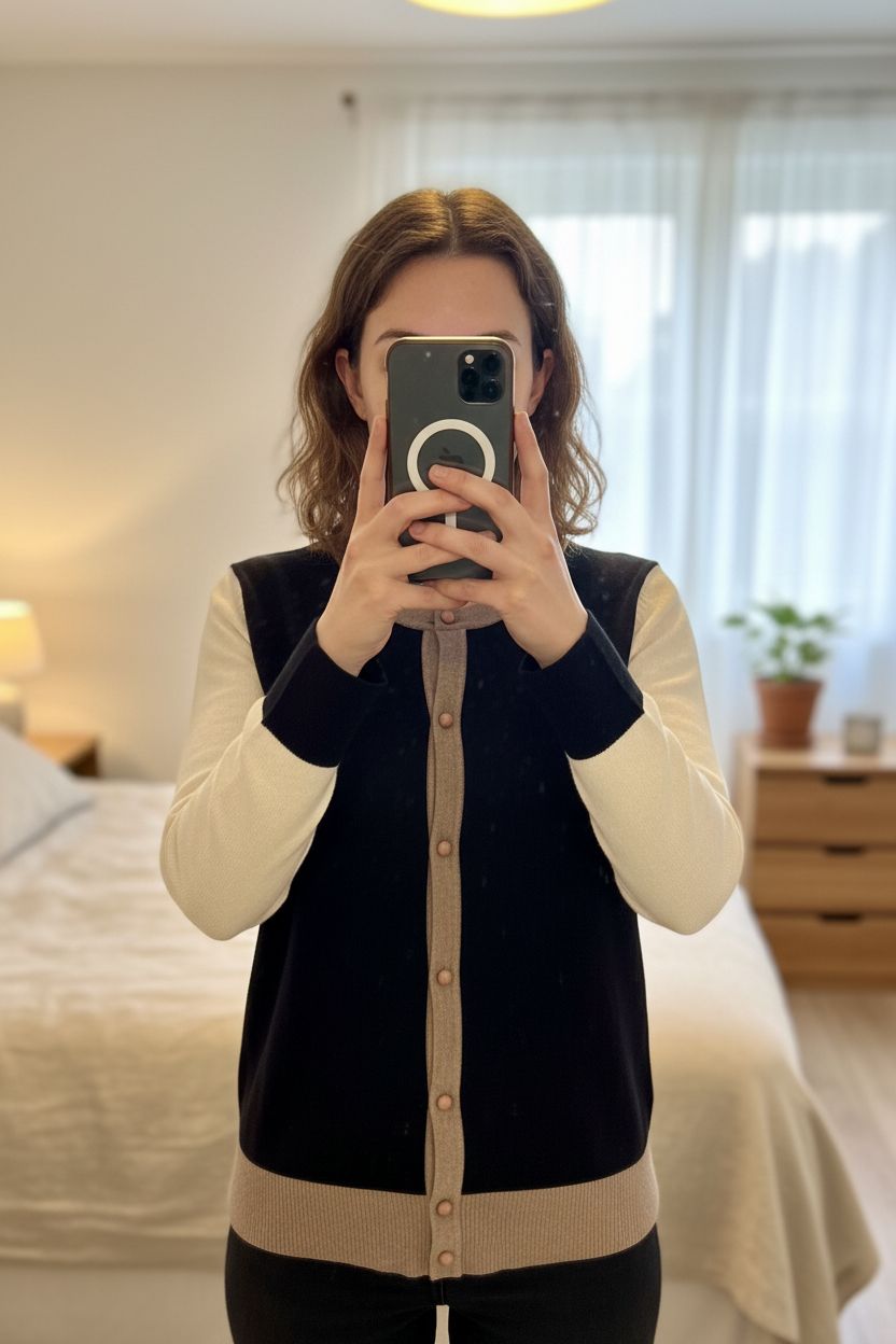 John Lewis Cardigan Black & Cream Button Up Smart Casual UK M Quiet luxury standing straight facing the camera, in a softly lit bedroom setting, with gentle natural light filtering through a window.