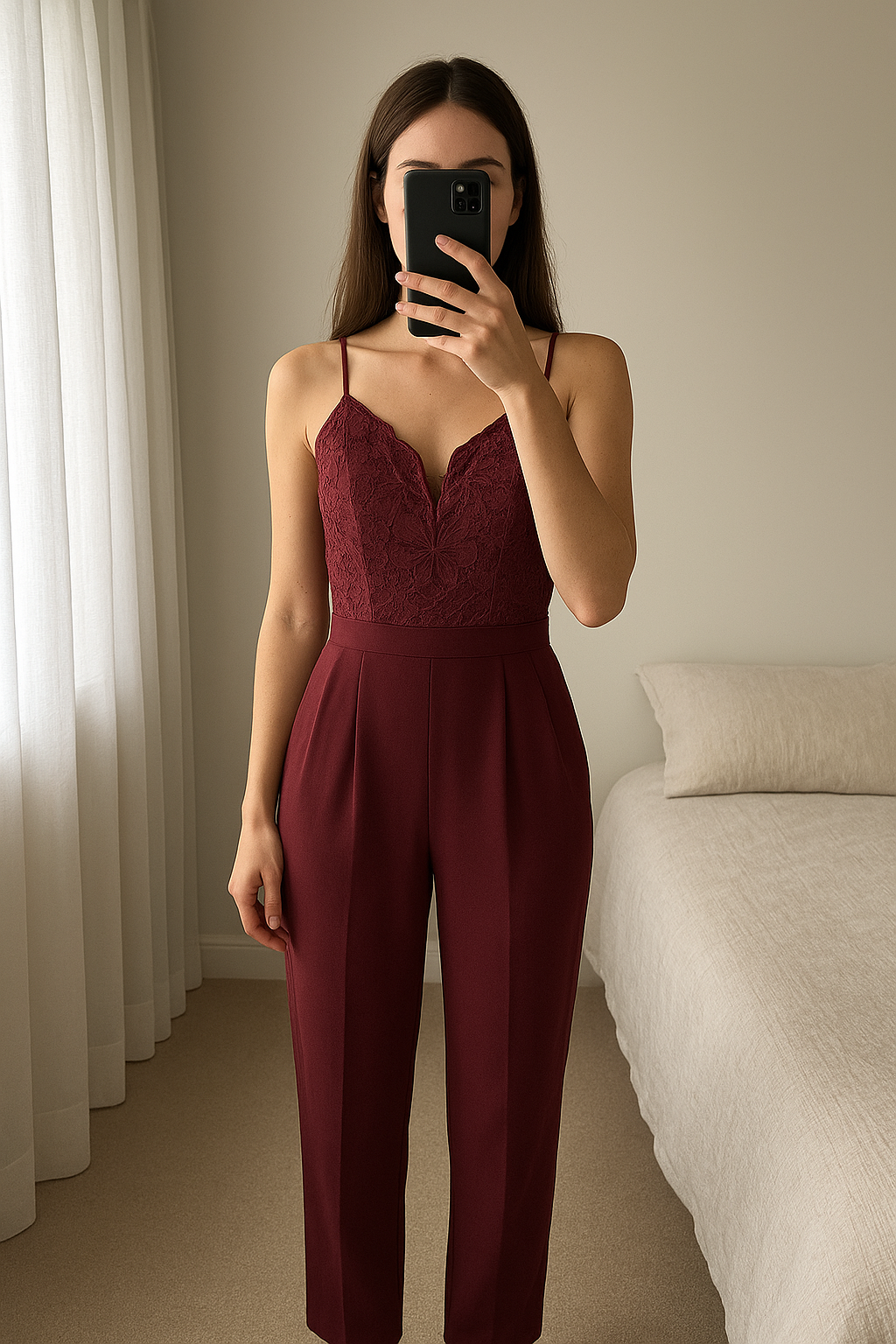 Overall gr S aufrecht stehend, der Kamera zugewandt, in einem sanft beleuchteten Schlafzimmer, mit natürlichem Licht, das durch ein Fenster fällt.