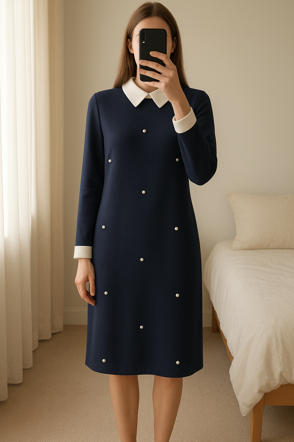 Vestido azul marino con perlas por las rodillas de pie, mirando a la cámara, en un dormitorio con luz suave y natural filtrándose por la ventana.