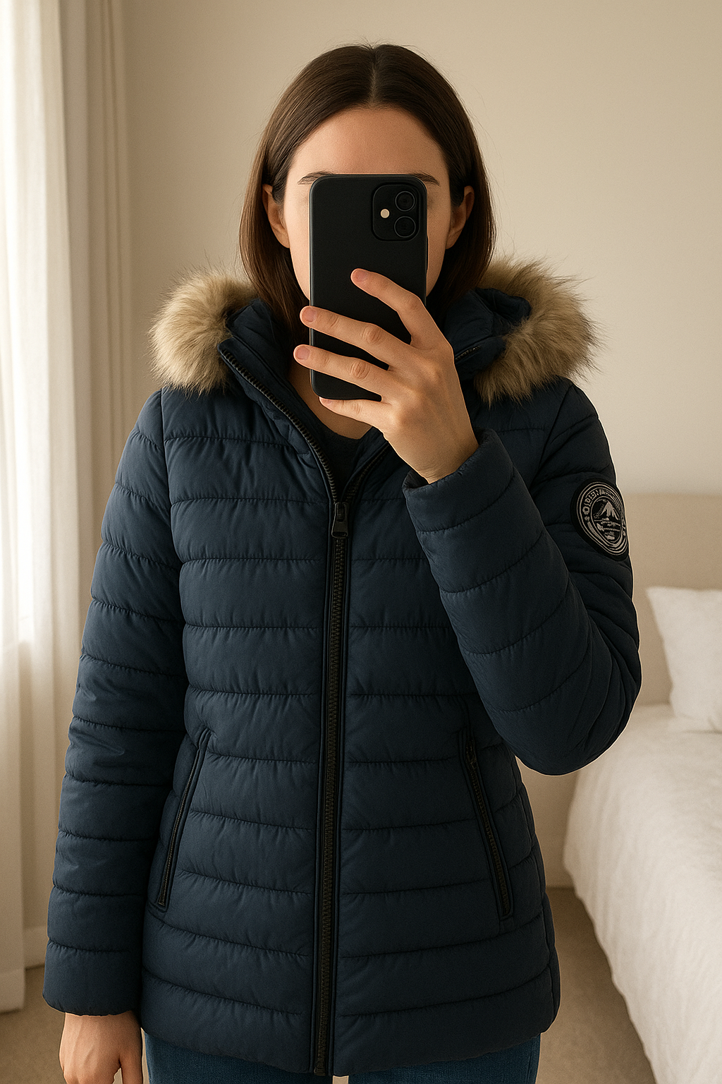 Doudoune Superdry debout, face à la caméra, dans une chambre à la lumière douce, avec une lumière naturelle filtrant par la fenêtre.