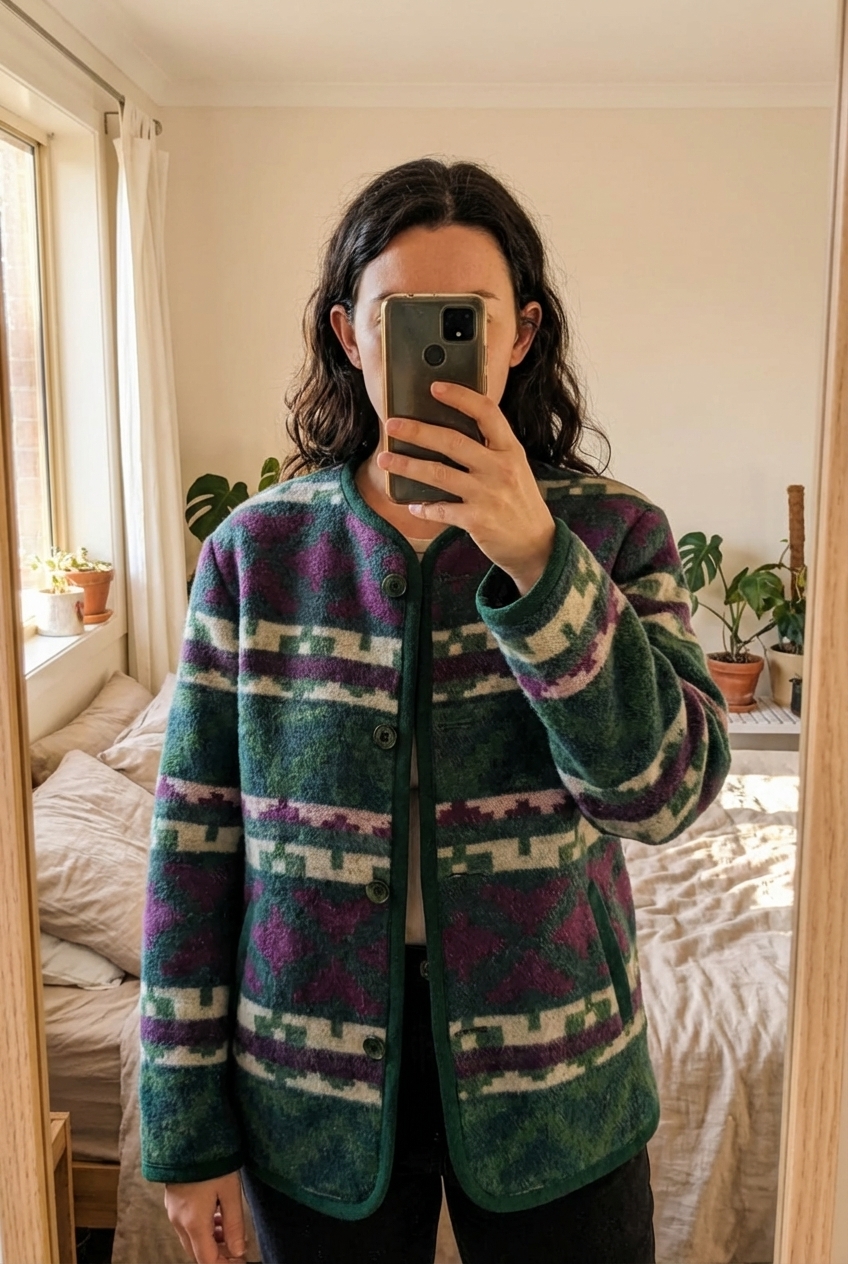 Veste chaude laine debout, face à la caméra, dans une chambre à la lumière douce, avec une lumière naturelle filtrant par la fenêtre.