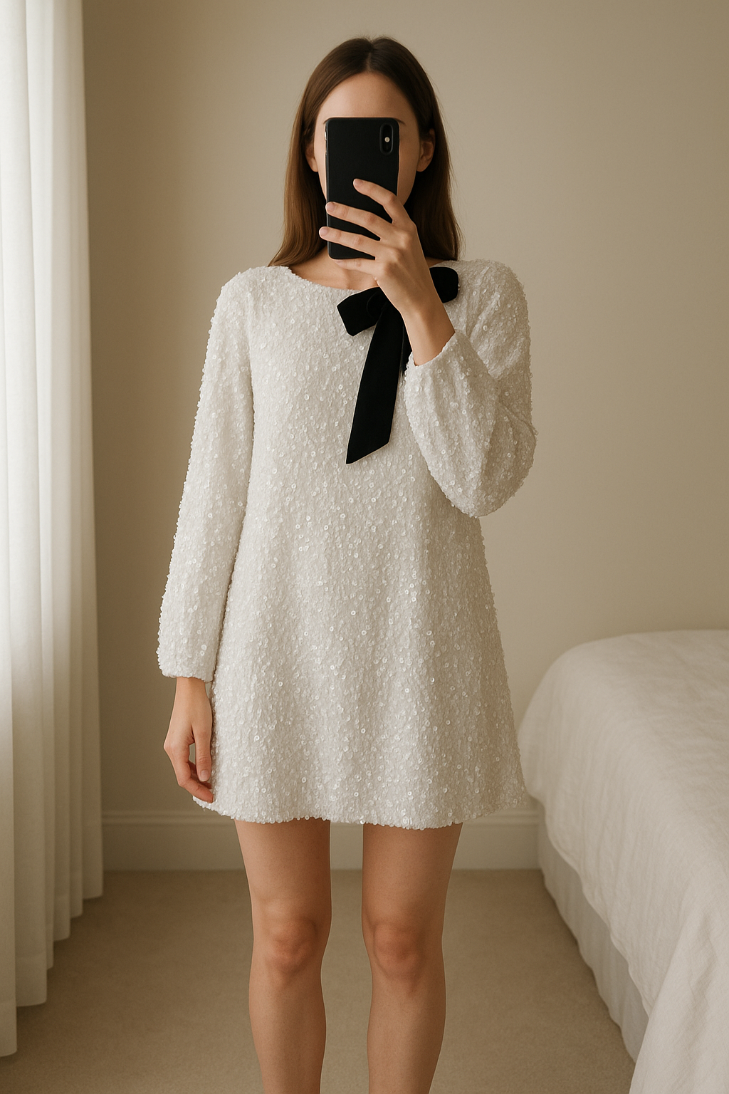 Size L white sequin party dress lined wide sleeves bow back standing straight facing the camera, in a softly lit bedroom setting, with gentle natural light filtering through a window.