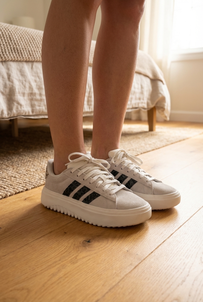 Baskets léopard Adidas neuves jamais portées debout, face à la caméra, dans une chambre à la lumière douce, avec une lumière naturelle filtrant par la fenêtre.