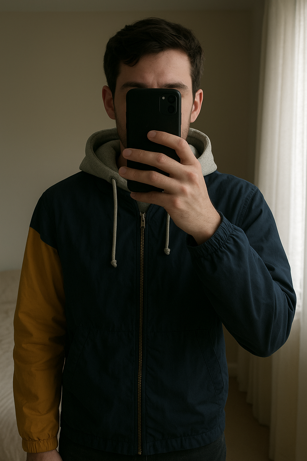 Veste Jules à capuche 🧥 debout, face à la caméra, dans une chambre à la lumière douce, avec une lumière naturelle filtrant par la fenêtre.