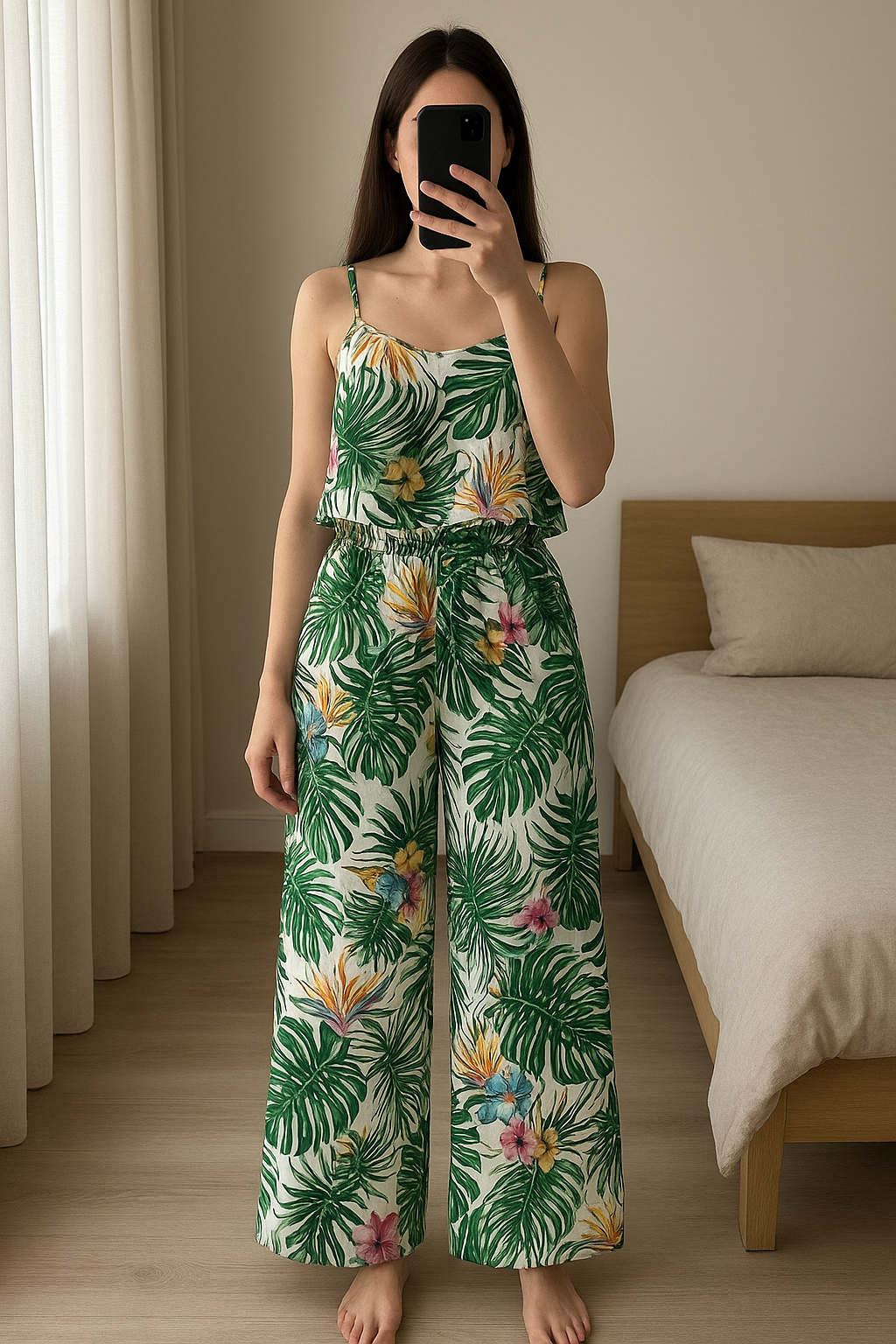 Combinaison debout, face à la caméra, dans une chambre à la lumière douce, avec une lumière naturelle filtrant par la fenêtre.