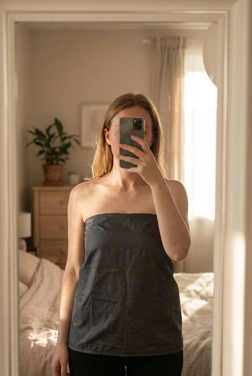 Une personne en Habillage pluie pour poussette - Aubert Concept debout, face à la caméra, dans une chambre à la lumière douce, avec une lumière naturelle filtrant par la fenêtre.