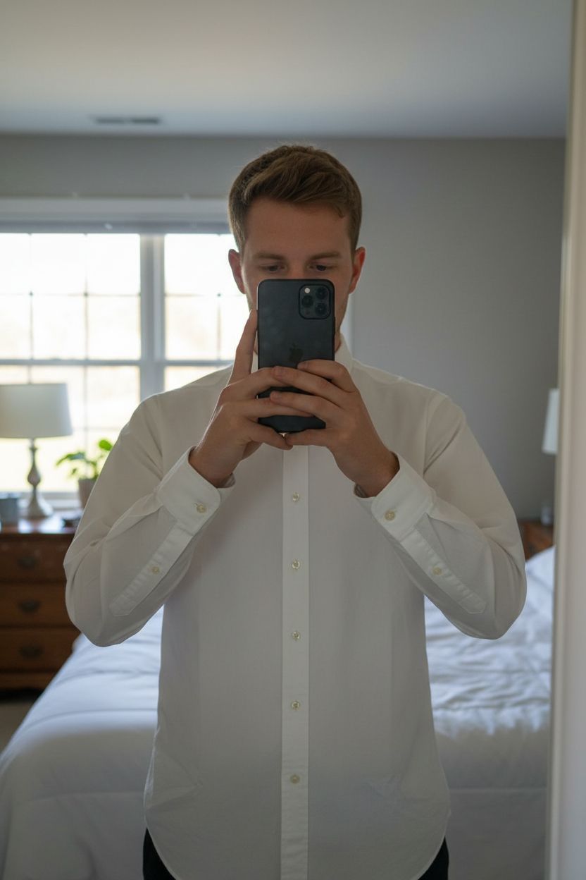 Chemise manches longues Ralph Lauren debout, face à la caméra, dans une chambre à la lumière douce, avec une lumière naturelle filtrant par la fenêtre.